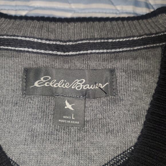 Eddie Bauer Size L Black Cotton Wool Long Sleeve V-Neck Pullover Casual Preppy - Picture 4 of 8